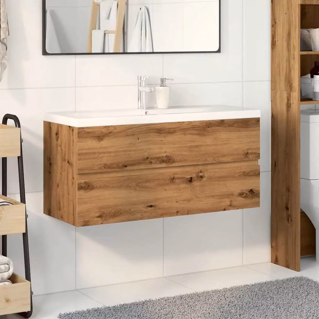 Berkfield Home Artisan Oak Sink Cabinet with Built-in Basin in Brown, W: 101 cm, D: 39.5 cm, H: 49 cm – 2