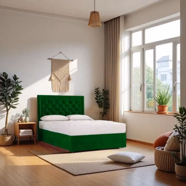Knight Sleep Ellis Plush Single Bed Set with Hybrid Mattress and 2 Drawers in Emerald Green