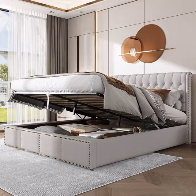 BTM Super King Upholstered Velvet Storage Bed with Lift-Up Base in Light Grey, W/D/H: 200 x 200 cm