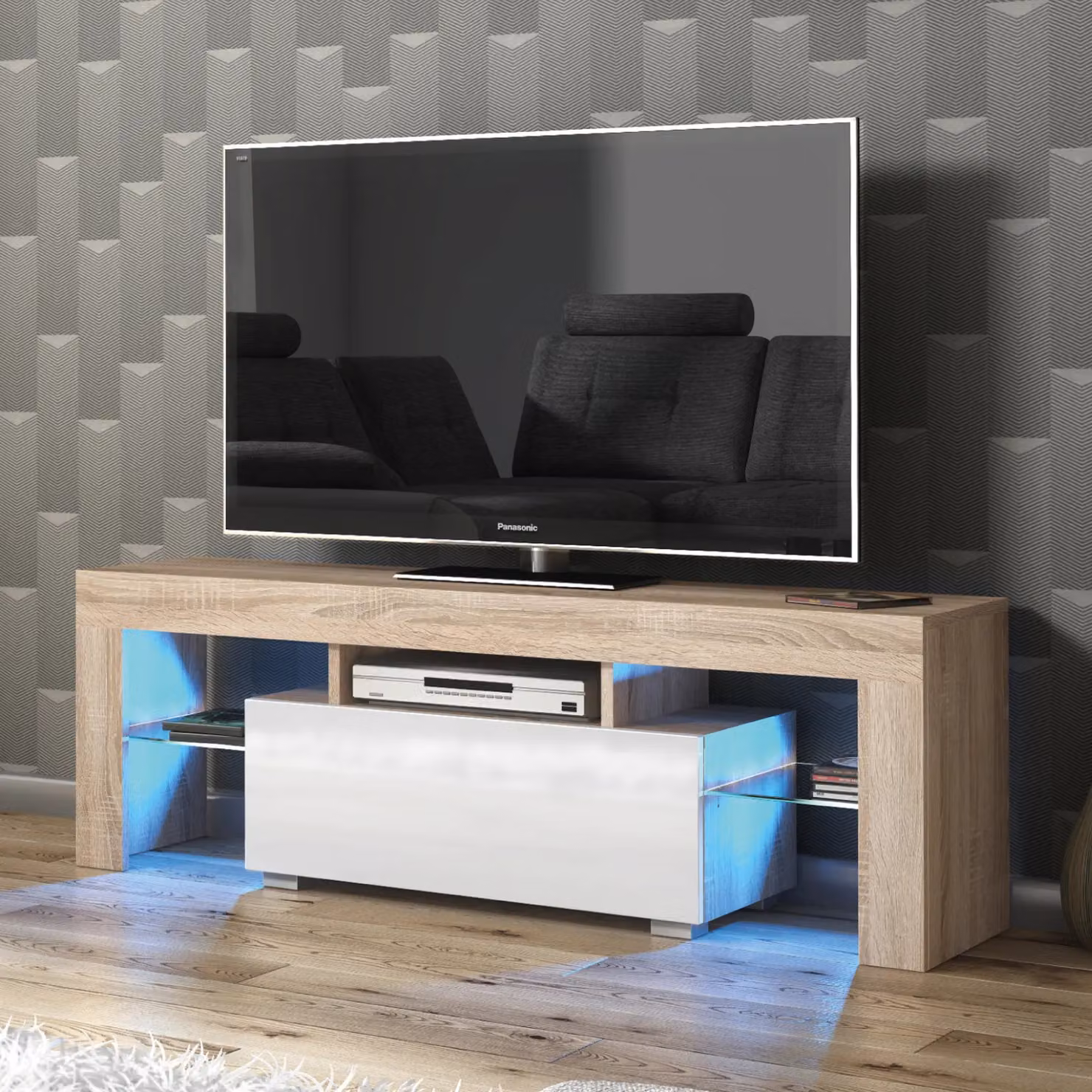 Mex Furniture LTD Modern Glossy TV Unit with LED Lighting in Light Oak, W: 130 cm, D: 35 cm, H: 45 cm – 4