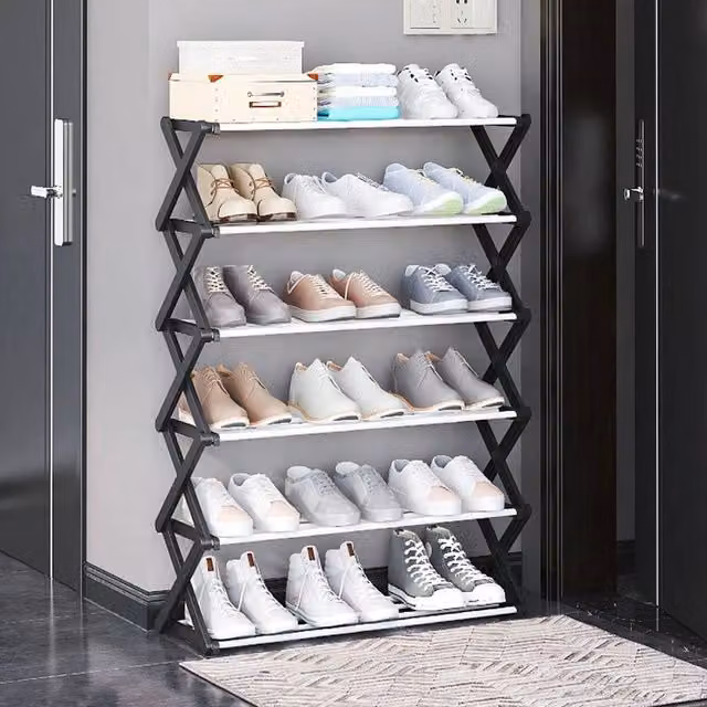 KORVIXA 6 Tier Foldable Metal Shoe Rack in Black and White, Width: 90 cm