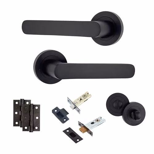 AXS Hardware Harlem Internal Lever Door Handle Pair with Bathroom Pack in Matt Black