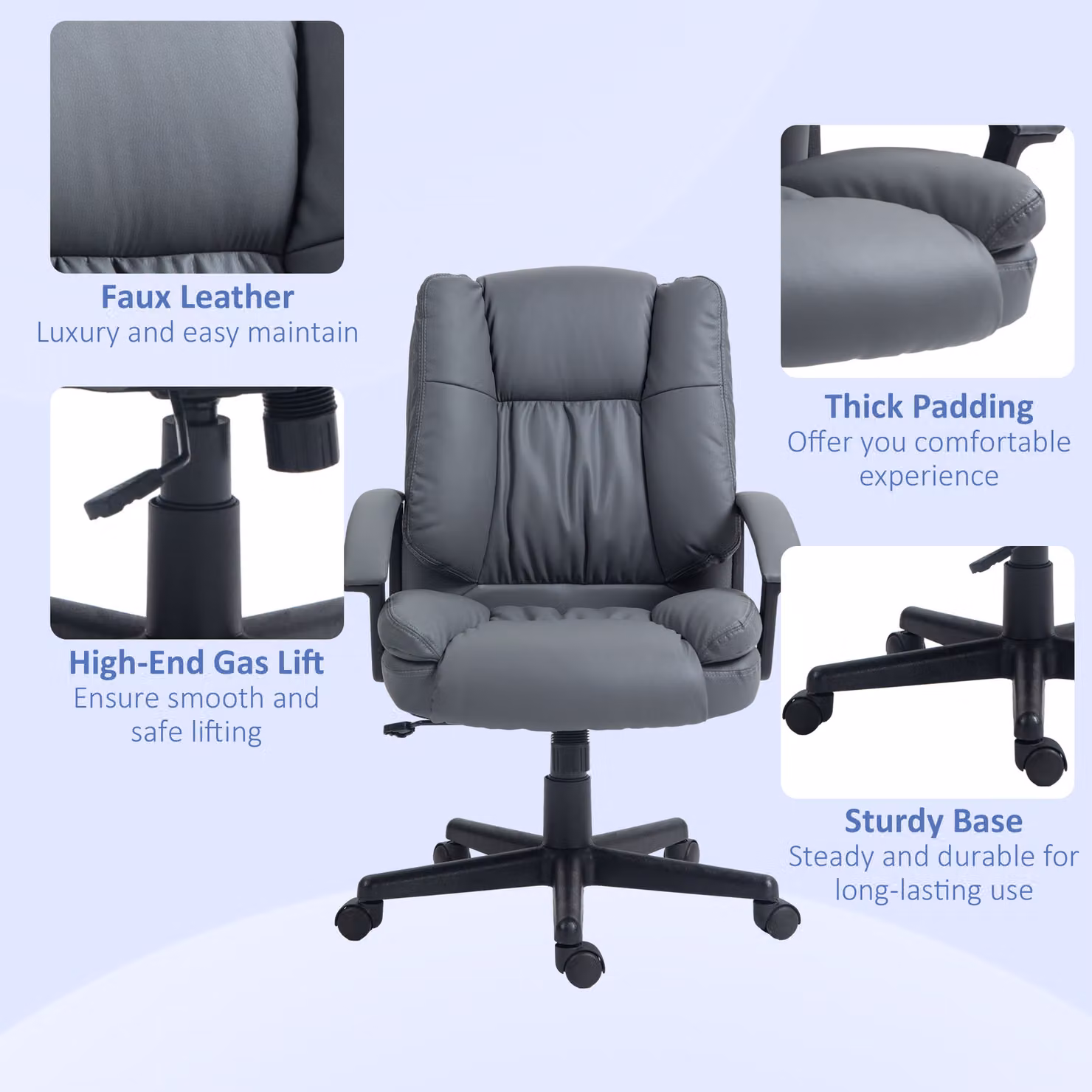 Vinsetto Modern Grey PU Leather Executive Office Chair with Armrests and 360 Degree Swivel – 5