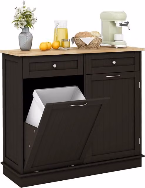 COSTWAY Brown Wood Kitchen Tilt Out Trash Cabinet with Internal Drawers and Shelves