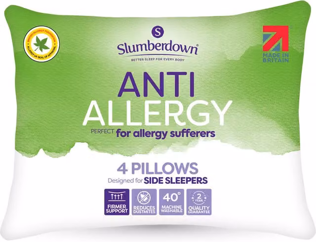 Slumberdown Anti Allergy Firm Hollow Fibre Pillow in White for Side Sleepers