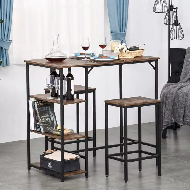 HOMCOM Industrial Bar Height Dining Table Set with 2 Stools and Side Shelf in Brown and Black