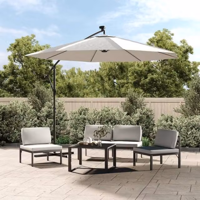 Berkfield Home Cantilever Hanging Parasol with LED Lighting, Sand and Beige Polyester with Metal Pole, Diameter: 300 cm