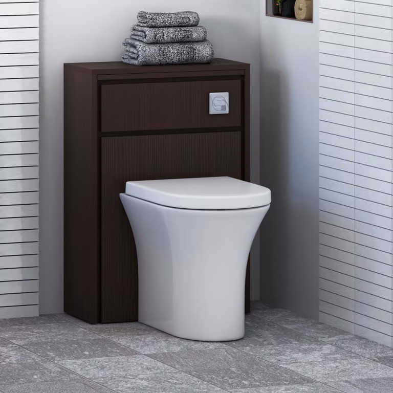 Livora BTW Wall Mounted WC Unit in Walnut Woodgrain with Breeze Rimless Ceramic Toilet Pan, Soft Close Seat and Cistern, White and Brown