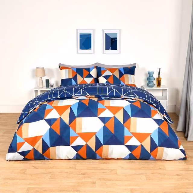OHS Mason Retro Geo Reversible Duvet Cover Set, Orange and Multicolour, 200 x 200 cm