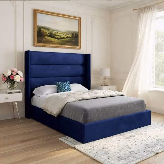 Casani Ranskill Single Upholstered Designer Bed Frame in Blue Soft Velvet
