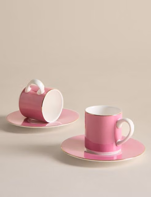 M&S Bone China Espresso Cups and Saucers, 2 Pack, Pink