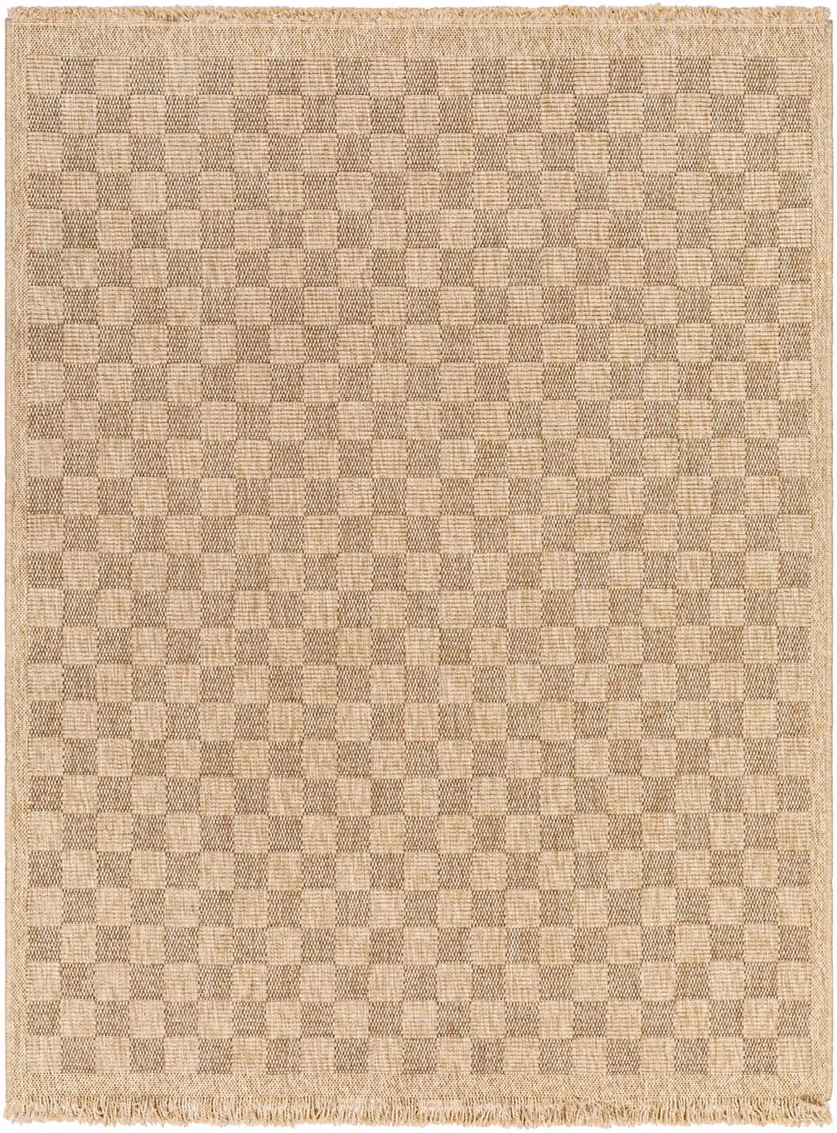 Livabliss Mirage-Cottage Tan Brown Checkerboard Fringe Jute-Look Indoor and Outdoor Rug, W: 200 cm, D: 275 cm – 1