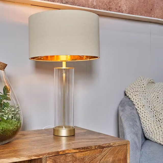 ValueLights Balan Glass and Gold Table Lamp with Beige Cylinder Shade – 3