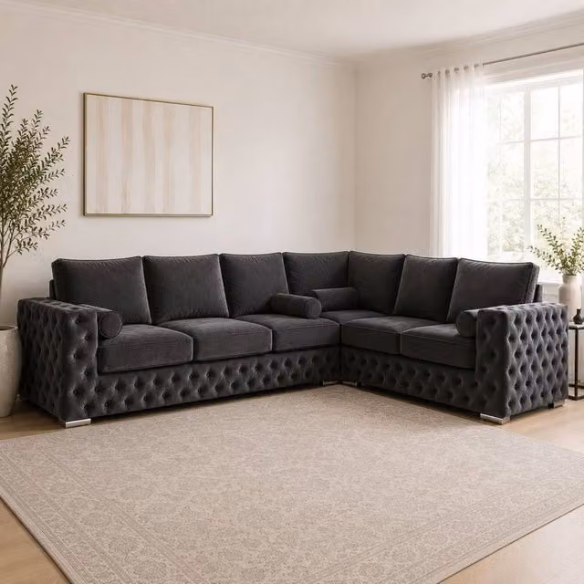 Stratus Interiors Ashley Chesterfield Full Back L-Shape Corner Sofa in Dark Grey Plush Velvet Fabric