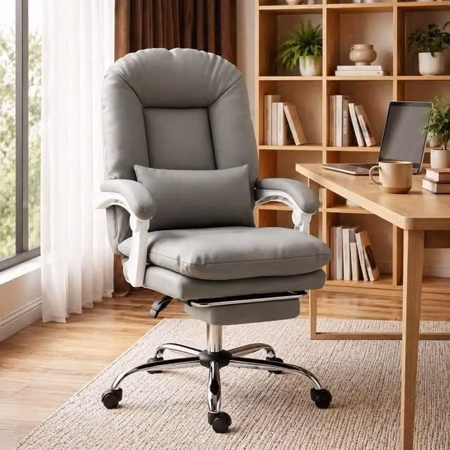 STILVORA Grey Faux Leather Executive Office Chair with Headrest and Footrest