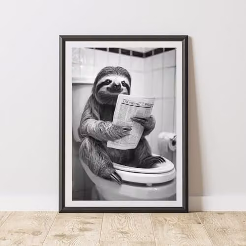 60 Second Makeover Sloth On The Toilet Animal Print Paper Poster, Black and White, A3
