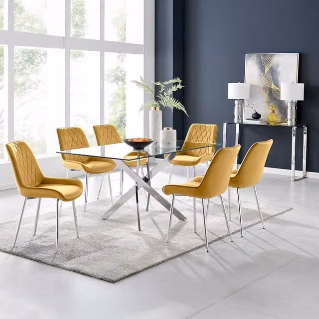 FurnitureboxUK Leonardo Dining Table with Six Pesaro Silver Leg Chairs, Yellow and Silver, W/D/H: 150 x 90 x 75 cm