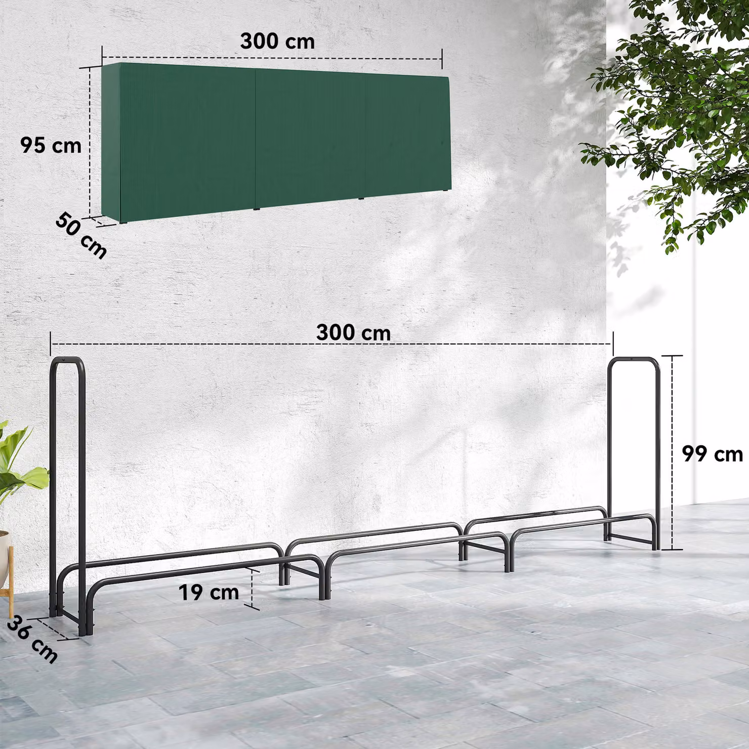 Outsunny Heavy Duty Metal Firewood Rack with Waterproof Cover in Dark Green, W/D/H: 300 x 36 x 99 cm – 3