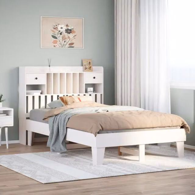 Berkfield Home White Solid Wood Pine Bed Frame W: 135 cm, D: 190 cm