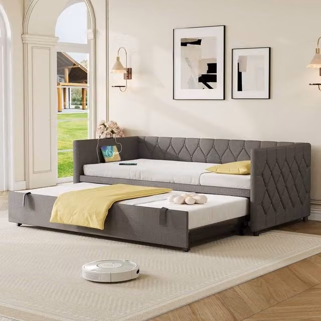 Matteo 3ft Single Upholstered Daybed Sofa Bed with Pull-Out Trundle and USB Charging Port in Grey, W: 90 cm, D: 190 cm – 1