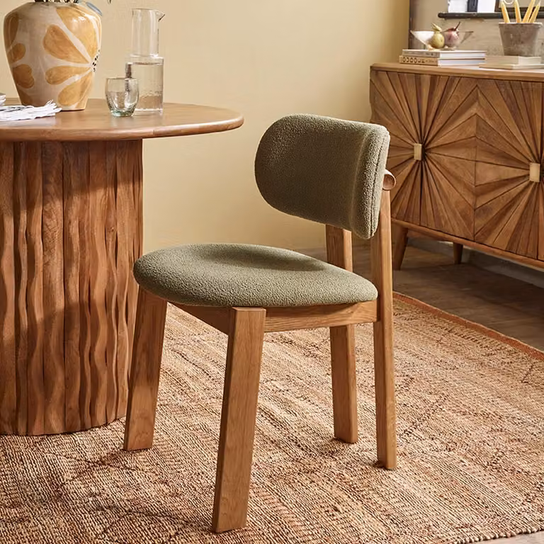 Atkin and Thyme Cora Oak Armless Dining Chair in Green Bouclé
