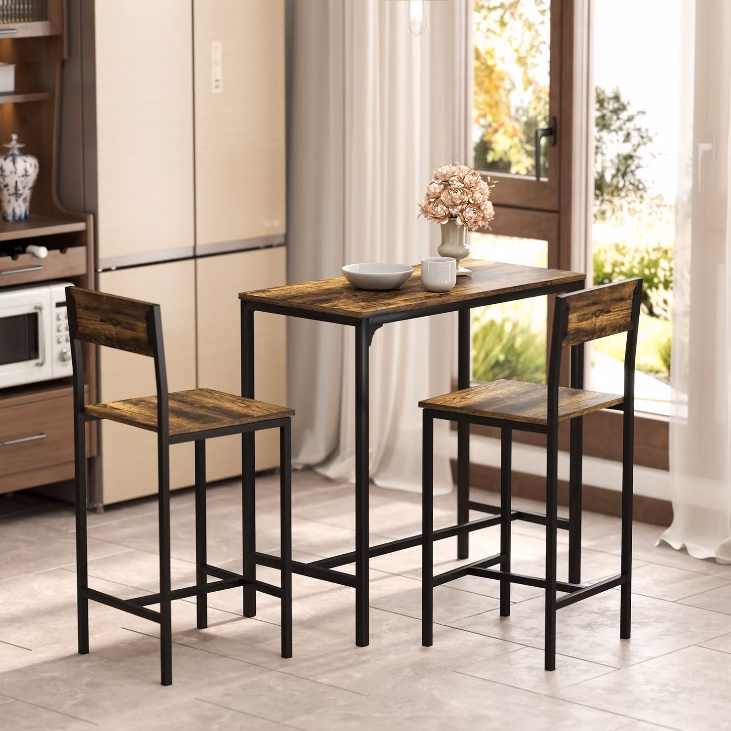 HOMCOM 3-Piece Industrial Bar Table Set with 2 Stools in Brown and Black – 4