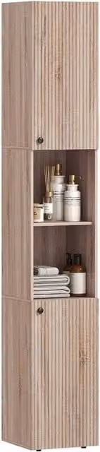 Havendro Tall Freestanding Bathroom Cabinet in Sand and Brown with Adjustable Internal Shelves, H 182 x W 30 x D 31 cm