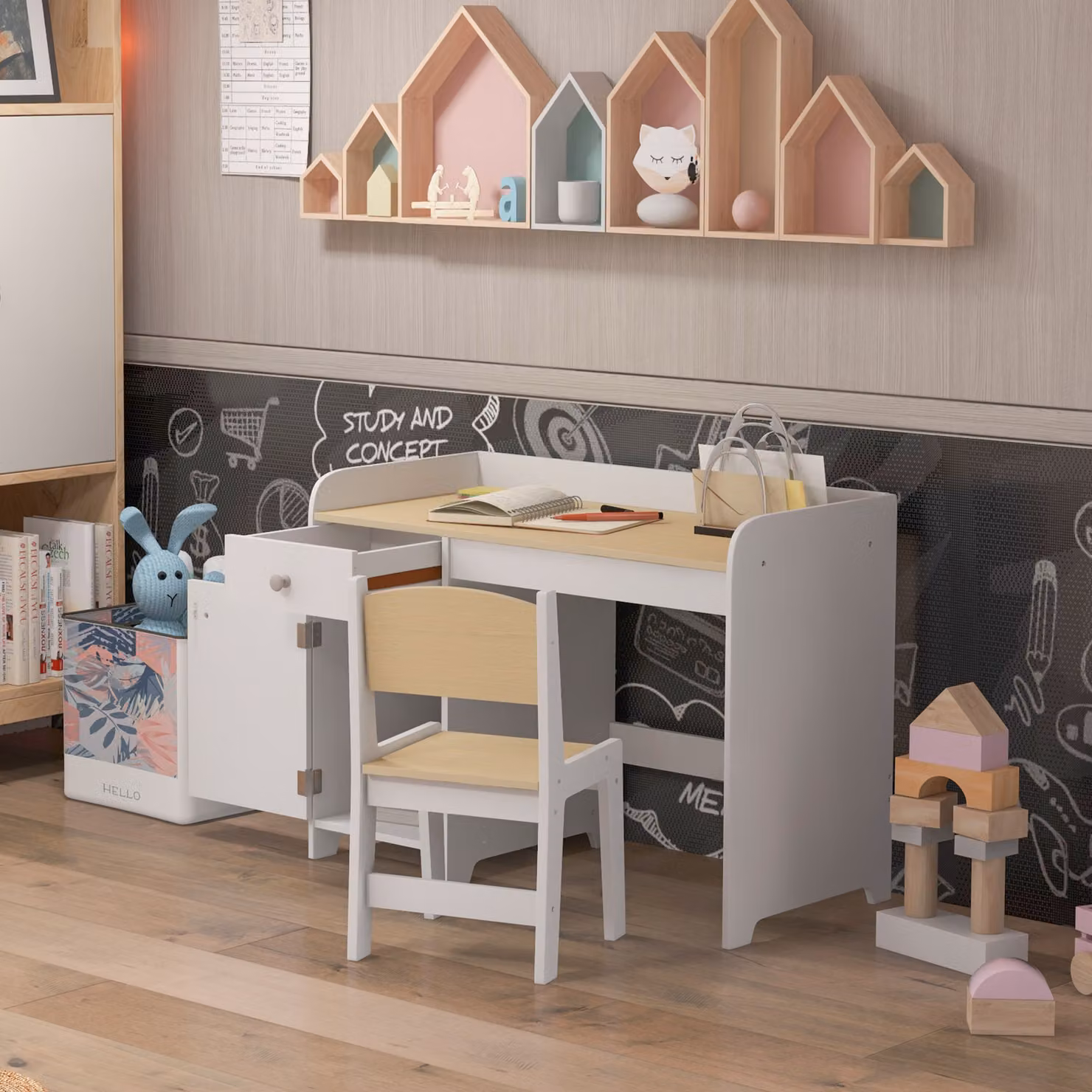 ZONEKIZ Kids Desk and Chair Set with Storage Drawer for 3-6 Year Olds, White – 2
