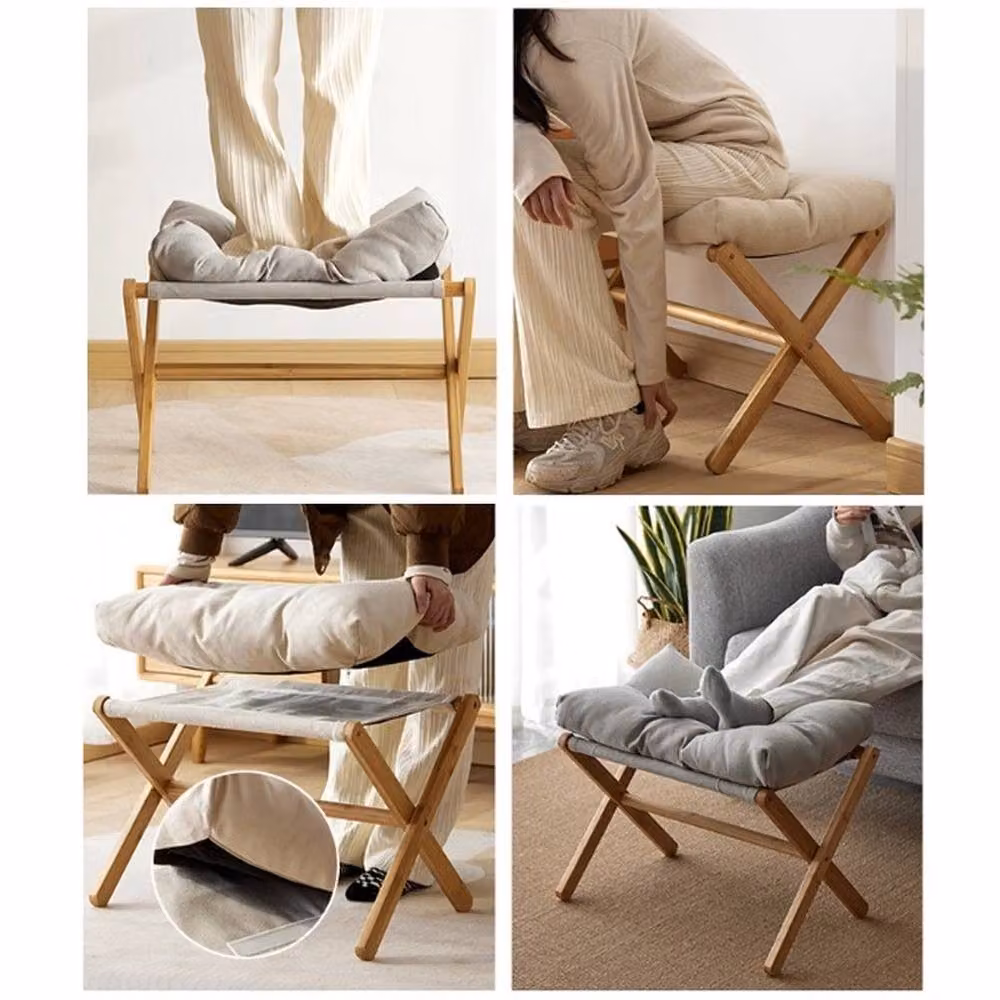 FORGEVIO Foldable Footstool with Bamboo Legs and Grey Fabric Soft Pad – 4