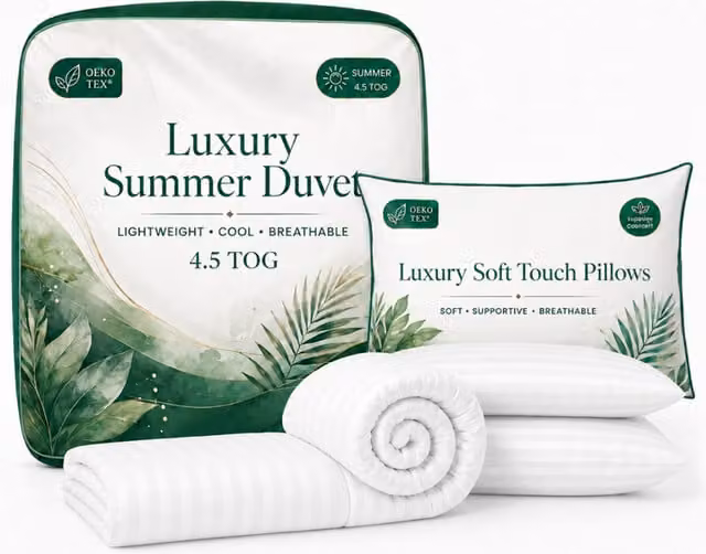 Opulent Home White Superking Summer Duvet and Pillow Set, 1.5 Tog, Lightweight Hollow Fibre, Anti-Allergy and OEKO-TEX Certified