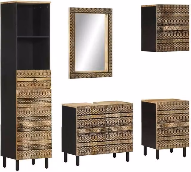 Berkfield Home 5 Piece Solid Mango Wood Bathroom Furniture Set in Brown – 1