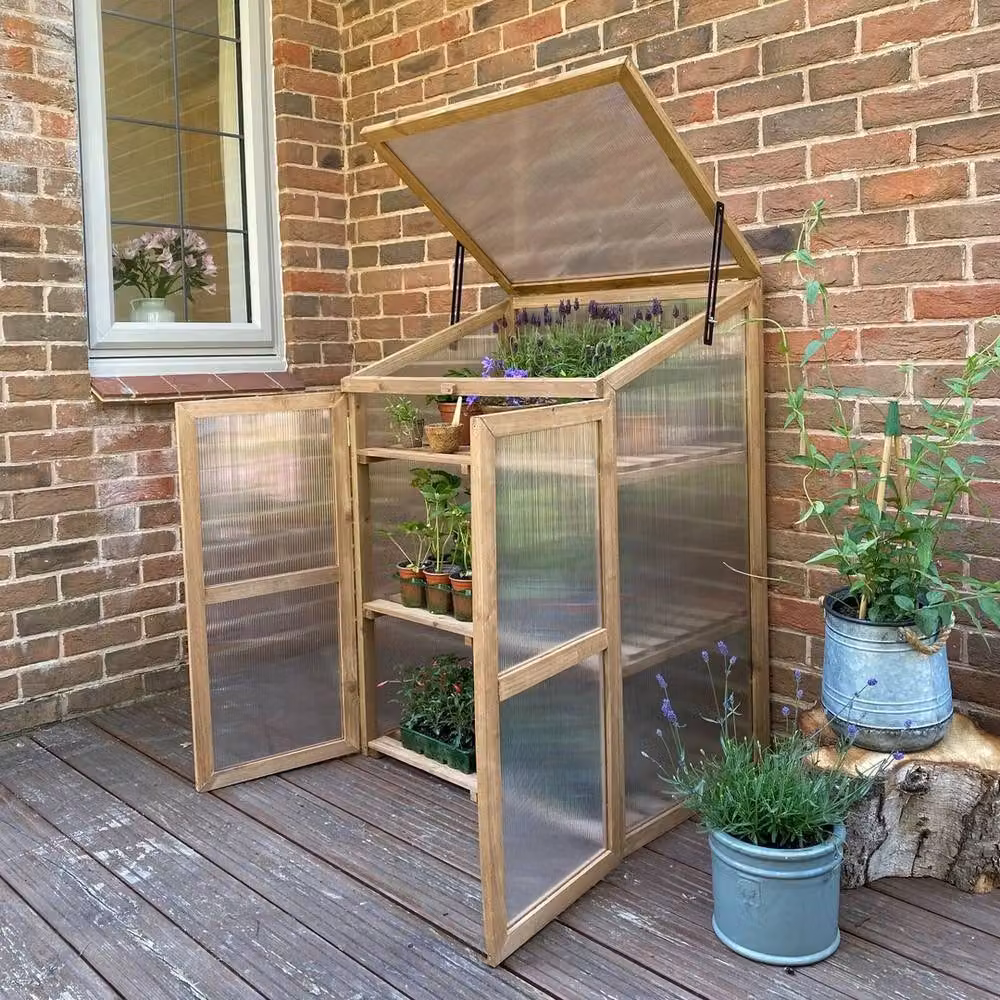 Havendro Wooden Polycarbonate Mini Greenhouse Cold Frame Growhouse in Natural Brown – 2