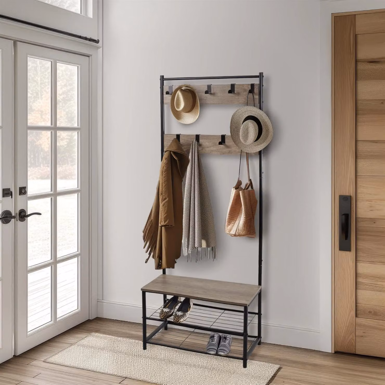 House of Home Hall Tree with Shoe Storage Bench and 9 Hooks, Rustic Light Brown, H 178 x W 70.5 x D 32 cm – 3