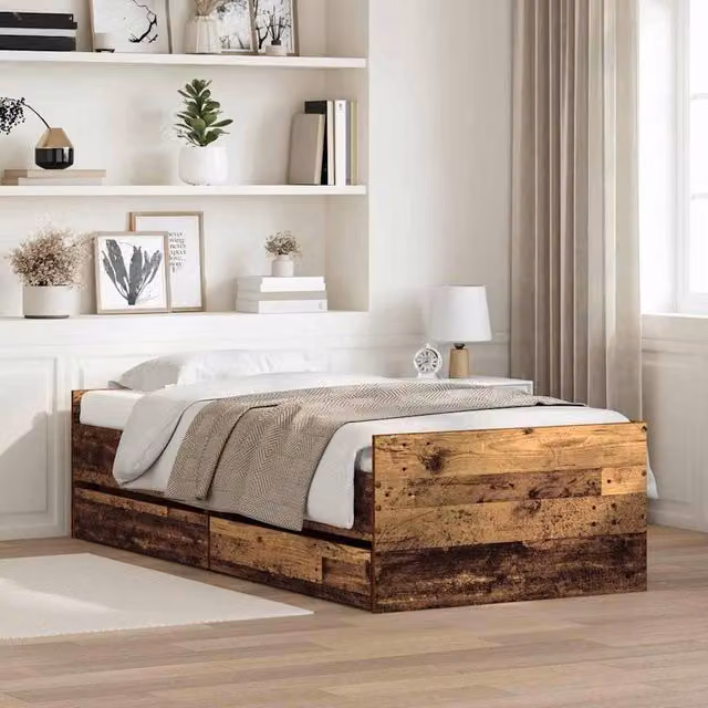 Berkfield Home Rustic Solid Pine Wood Bed Frame with Drawers, Brown, W: 100 cm, L: 200 cm