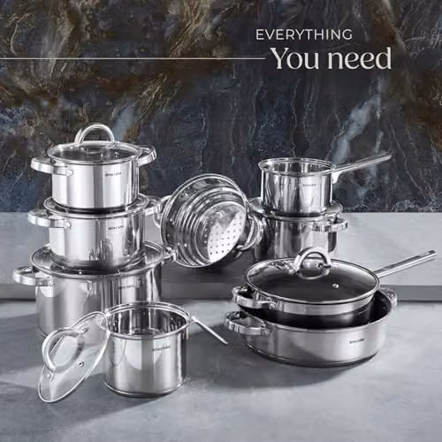 tectake Turin 15-Piece Stainless Steel Pot and Pan Set with Non-Stick Coating and Glass Lids in Silver – 6