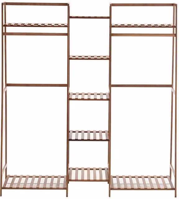 ERGOVEXA Brown Bamboo and Metal Clothes Rail Rack with Continuous Linear Rail and Open Wardrobe Shelf