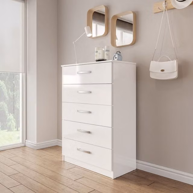 Birlea Modern Glossy White and Silver MDF Bedroom Chest