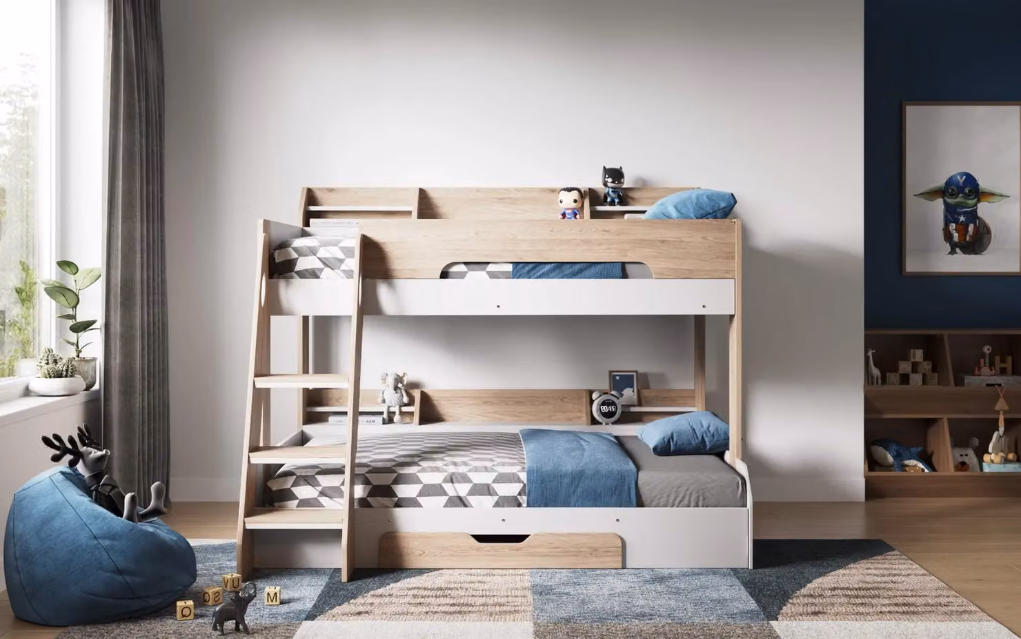 Flair Flick Triple Bunk Bed with Storage and Stairs in Oak, Single Size, H 198.0 x W 158.9 x D 164.5 cm – 6