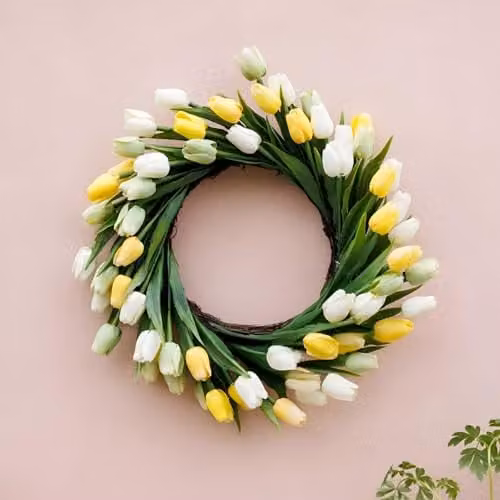Primrose Yellow Artificial Tulip Flower Wreath with Hanging Loop, Diameter: 50 cm