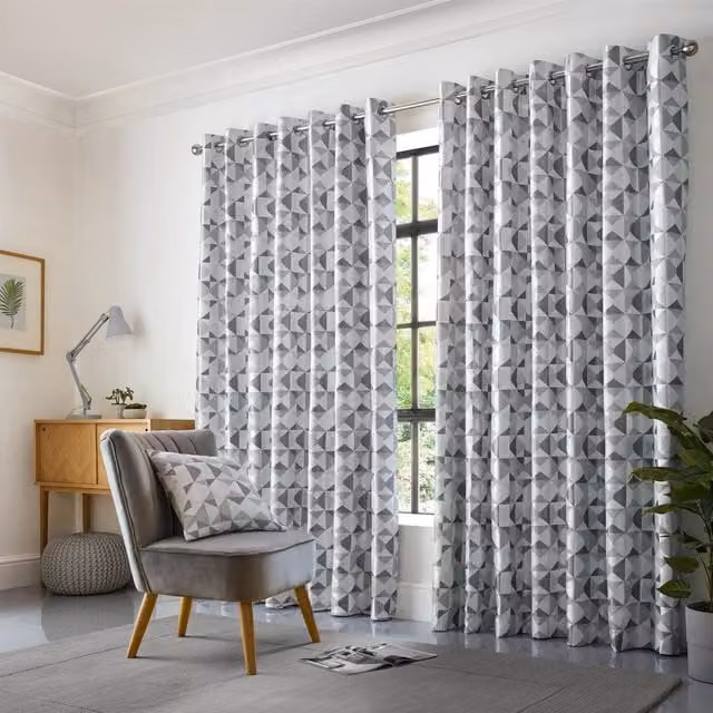HomeSpace Direct Skandi Graphic Eyelet Curtains, Silver, Width: 274 cm