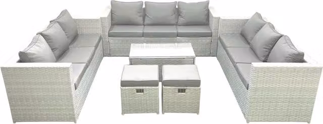 Fimous 11 Seater Rattan Garden Furniture Set in Light Grey with Outdoor Sofa, Coffee Table and Ottomans