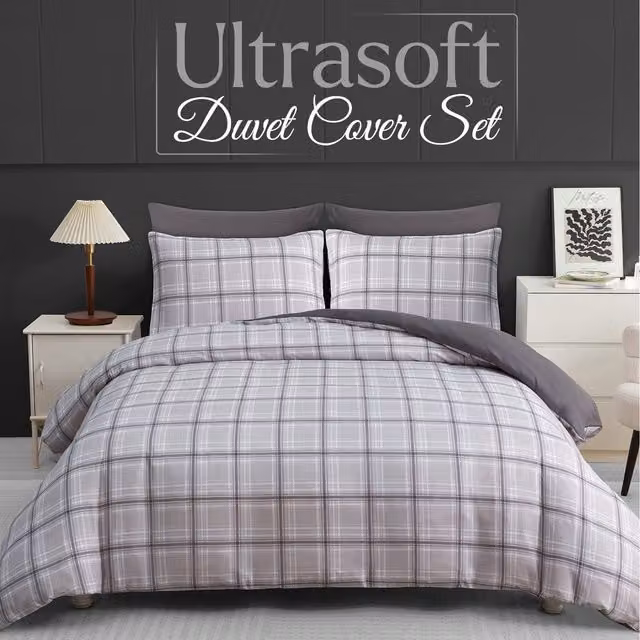 Pamposh Premium Microfibre Easy Care Double Duvet Cover Set in Grey and White, featuring 1 x 140 x 200 cm Duvet Cover and 2 x 50 x 75 cm Pillowcases