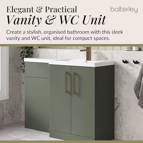 Balterley Corner L-Shaped Vanity Unit with WC Unit and L-Shaped Basin, Green with Brushed Bronze D-Shape Handles – 3