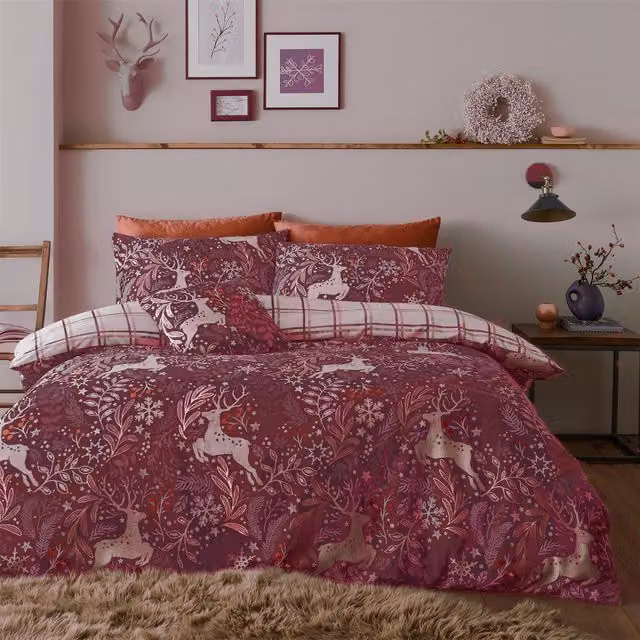 Portfolio Home Winter Stags Graphic Duvet Cover Set, Red, Single, 90 x 200 cm