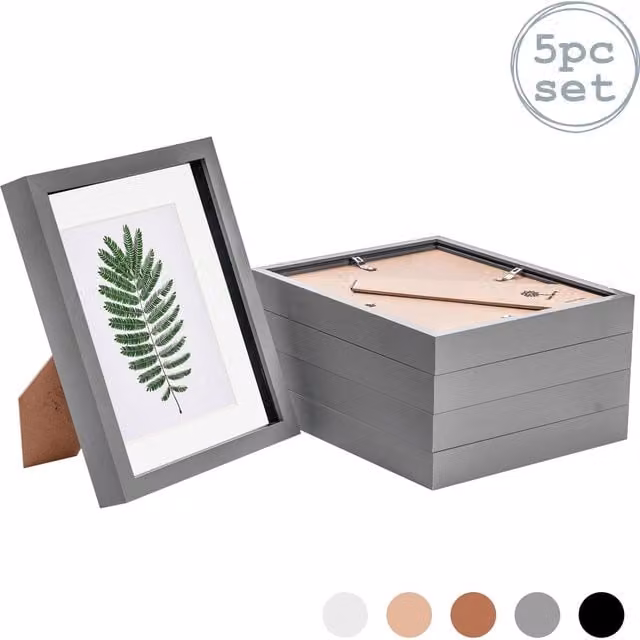 Nicola Spring Pack of 5 Rectangular 3D Box Photo Frames in Grey and White with Glass and Plastic, W: 25.4 cm, H: 25.4 cm, D: 20.32 cm