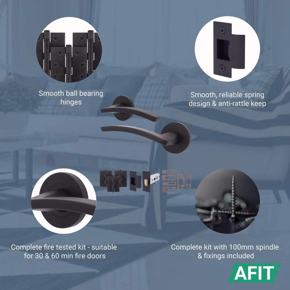 AFIT Matt Black Fire Door Handle Latch and Hinge Set with Rosettes, Aluminium, 4 Pack, Size: 150 x 150 mm – 3