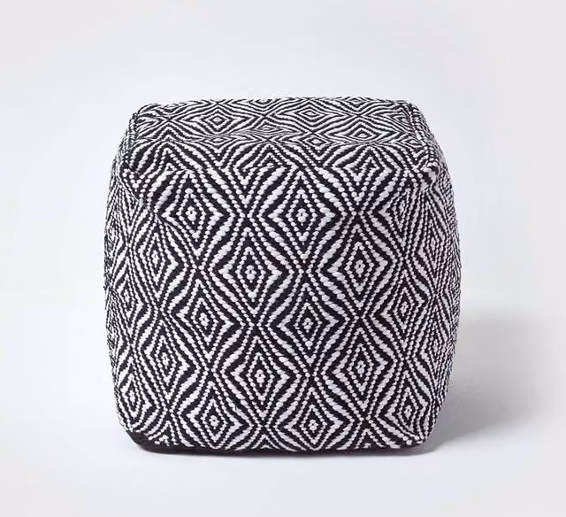 Homescapes Trance Diamond Pattern Square Bean Filled Pouffe, Black, W/D/H: 40 x 40 x 40 cm
