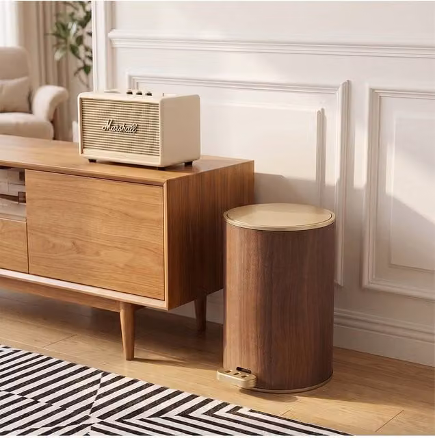 Living and Home Round Wood Effect Pedal Bin with Dual Open Lid in Brown, 28 l