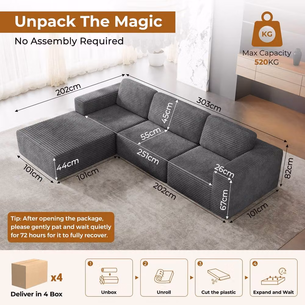 Dprodo Grey Corduroy Modular L-Shape Sofa with Matching Ottoman and Removable Covers – 2