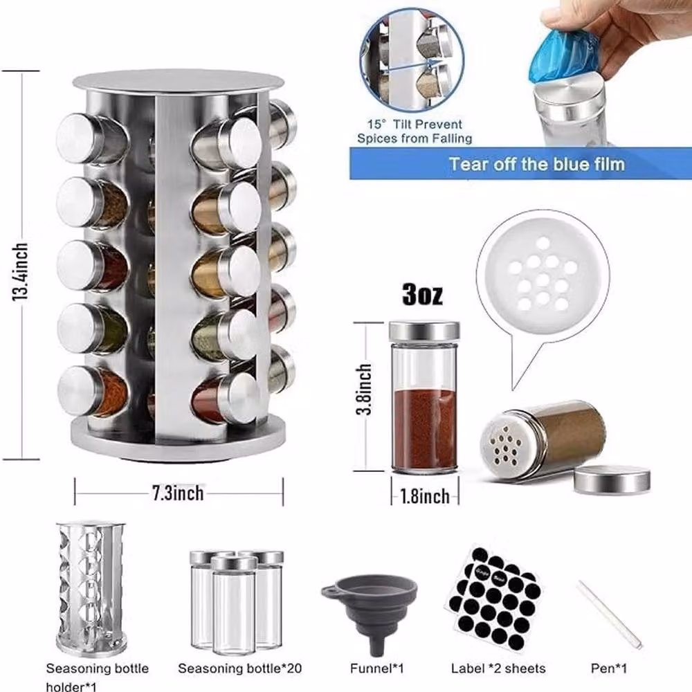 KORVIXA Stainless Steel Rotating Spice Rack with 20 Airtight Glass Jars in Silver – 2